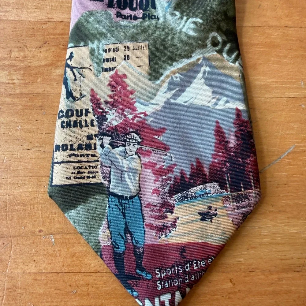 Zylos George Machado Silk Tie Vintage Golf Tennis Sports Graphic Olive Green